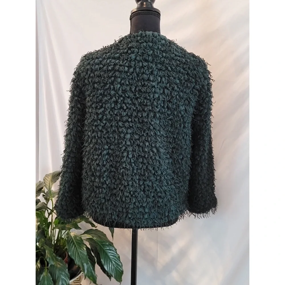 Zara Basic Forest‎ Green Shaggy Popcorn Knit Open Front Jacket Coat Womens Large
